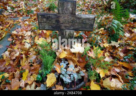 Altes verwittertes Holzkreuz auf einem Grab, das mit Herbstblättern bedeckt ist Stockfoto