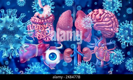 Virusorgan-Infektion und Long Covid-Syndrom oder Coronavirus-Pandemiesymptome, die als Spediteur einer Virusinfektion auf dem Herz der Lunge fortbestehen. Stockfoto