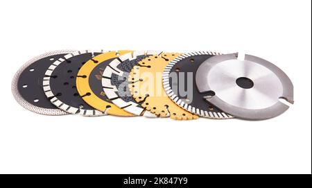 Circilar Sägeblätter für Holzmetall- und Steinarbeiten isoliert auf weißem Hintergrund Stockfoto