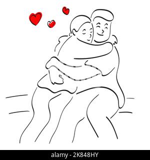 Junges Paar in der Liebe Umarmung mit Herz Illustration Vektor Hand gezeichnet isoliert auf weißem Hintergrund Linie Kunst. Stock Vektor