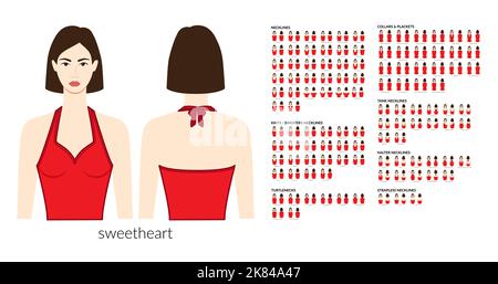 Set von Halsbändern Kleidung - Kragen, Plaketten, Strick, Pullover, Tops, Trägerlose, Rollkragenpullover, Tank, Halter technische Mode Illustration. Flache Bekleidungsvorlage vorne, hinten. Frauen, Männer CAD-Modell Stock Vektor