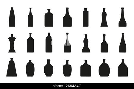 Flasche schwarz Silhouette großen Satz. Verschiedene Formen einfacher Kolben für Alkoholgetränk Piktogramm auf Weiß isoliert. Pub Bar alkoholisches Flach Symbol. Wodka Whiskey Soda Bier Wasser Brandy Champagner Stock Vektor