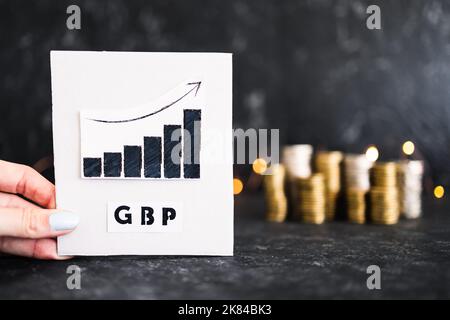 Konzeptuelles Bild des Wechselkurses, Diagramm mit positivem Wachstum mit Text des britischen Pfund in GBP vor Münzstapeln Stockfoto