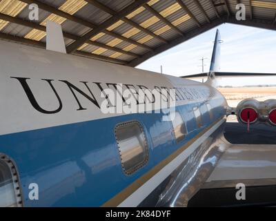 Nahaufnahme des Außenbereichs des Flugzeugs der Air Force One auf der Ranch von Präsident Lyndon B. Johnson in der Nähe von Johnson City, Texas Stockfoto