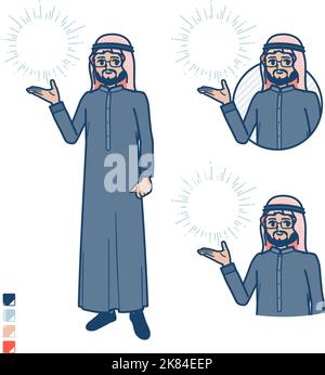 Ein arabischer Mittelmann in schwarzem Kostüm mit manipulierenden Lichtbildern.Es ist Vektorgrafik, so dass es einfach zu bearbeiten ist. Stock Vektor