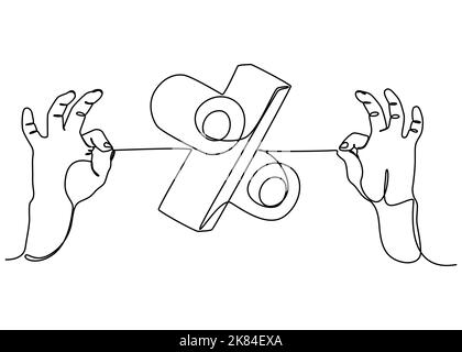 Eine fortlaufende Zeile aus zwei Händen, die eine Zeichenfolge mit Prozentzeichen hält. Vektor-Konzept der dünnen Linie Illustration. Konturzeichnen Kreative Ideen. Stock Vektor