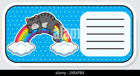 Notebook-Etikett. Katze und Regenbogen. Babyaufkleber. Vektorgrafik. Stock Vektor