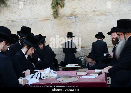 Jüdische Männer beten an der Klagemauer / Westmauer im jüdischen Viertel in der Altstadt von Jerusalem, Israel. Stockfoto