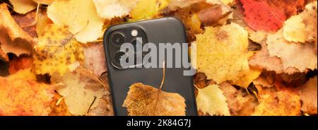 Ein neues iPhone-Telefon 13 oder 14 mit orangefarbenem Laub. Herbst Verkauf von Handys und Gadgets cocept. Stockfoto