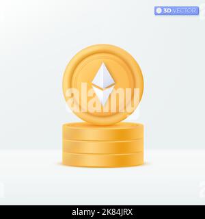 Kryptowährung Ethereum coins Icon-Symbole. Blockchain, Finanzen, Risiko-Investment-Konzept. 3D Vektor isoliertes Illustrationsdesign. Cartoon Pastell Minim Stock Vektor