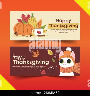 Handgezeichnete flache Thanksgiving horizontale Banner Set Vektor Design Illustration Stock Vektor