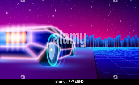 Neon-Auto in 80s Synthwave-Stil Rennen in die Stadt. RetroWave Auto Illustration mit glänzenden Neon-Auto auf der Grid-Landschaft Straße in 90s Arcade-Spiel Stock Vektor