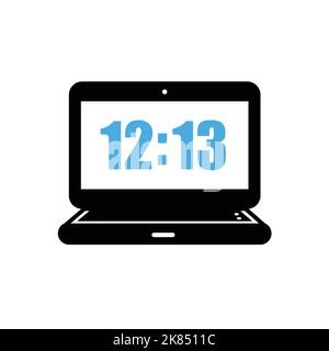 Laptop-Symbol, Logo mit Zeit auf dem Bildschirm flache Vektorgrafik auf weißem, isoliertem Hintergrund. Stock Vektor