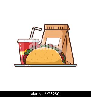 Illustration von Taco und Softdrink zum Mitnehmen, Lebensmittelbeutelpapier - Vektor-Illustration Design - Food Logo - Food Illustration - Fast Food Illustration Stock Vektor