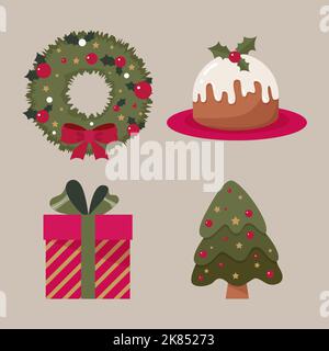 Sammlung von Cartoon weihnachten Elemente Tannenkranz Geschenk weihnachtskuchen und weihnachtsbaum Stock Vektor