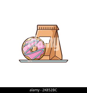 Abbildung: Donuts zum Mitnehmen, Donuts und Papierbeutel – Vektordesign – Lebensmittellogo – Lebensmittelabbildung – Fast-Food-Illustration Stock Vektor