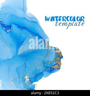 Blaue Aquarelle mit goldenen Einschlüssen auf weißem Hintergrund. Stockfoto