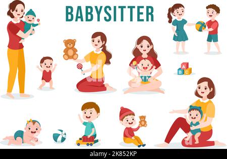 Babysitter oder Nanny Services zu kümmern, für Baby Bedürfnisse und Spielen mit Kindern auf flacher Cartoon Hand gezeichnet Vorlage Illustration Stock Vektor
