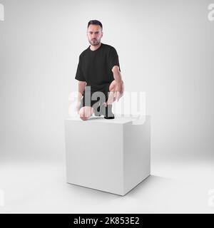 Nachbau eines schwarzen Herrenanzugs übergroßes T-Shirt auf Shorts auf Mann auf Würfel. Bekleidungsvorlage für Präsentationen von Design, Druck, Muster. Stockfoto