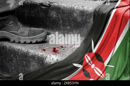 Das Bein des Militärs steht auf der Stufe neben der Flagge Kenias, dem Konzept des militärischen Konflikts Stockfoto