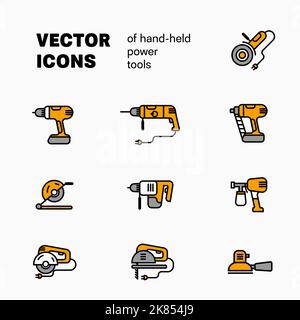Vektor-lineare Darstellung von hend-Held Elektrowerkzeugen, isoliert auf weißem Hintergrund, Instrument für Gebäude und Reparatur-Symbole. Satz farbiger Elemente f Stock Vektor