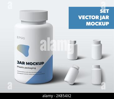 Mockup Vektor-Plastikgläser mit Schraubverschluss, weißen Pillenflaschen, Vitamin, für Design-Präsentation. Apotheke Werbung leere Verpackungsvorlage. Kann Stock Vektor