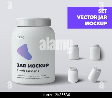 Mockup Vektor-Kunststoff-Glas mit Deckel isoliert auf dem Hintergrund mit realistischen Schatten. Weiße Flasche Vorlage für Nahrungsergänzungsmittel oder Vitamin, für Design vorhanden Stock Vektor