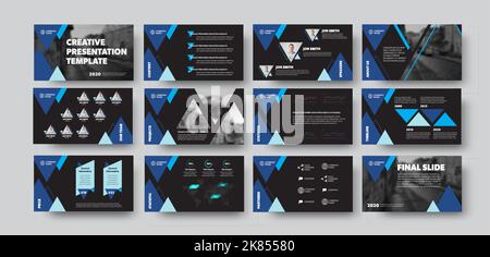 Vektor-Infografik-Vorlage mit blauen Dreiecken auf schwarzem Hintergrund, Präsentationsfolie für Geschäftsbericht, Geschäftskonzept. Kreative Broschüre Stock Vektor
