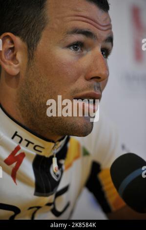 Mark Cavendish von HTC Highroad während einer Pressekonferenz Stockfoto