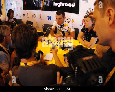 Mark Cavendish von HTC Highroad während einer Pressekonferenz Stockfoto