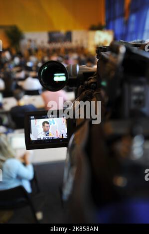 Mark Cavendish von HTC Highroad während einer Pressekonferenz Stockfoto