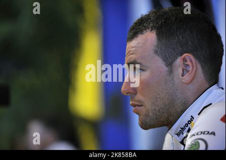 Mark Cavendish von HTC Highroad während einer Pressekonferenz Stockfoto