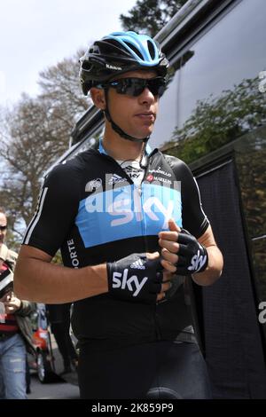 Die Etappe 3 der Tour of Romandy, Schweiz, macht sich Richie Porte vom Team Sky Procycling vor dem Rennen in La Neuveville bereit Stockfoto