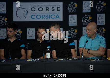 David Brailsford, Chris Froome, Richie Porte, David Lopez vor dem Start der Tour de France 100. in einer Team Sky Procycling Fragestunde. Stockfoto