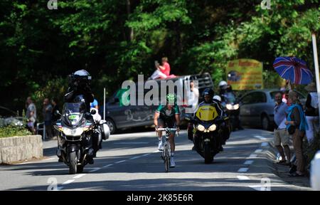 Thomas Voeckler von Team Europcar fährt den letzten Anstieg des Tages auf dem Col de Vizavonna in den korsischen Bergen. Stockfoto