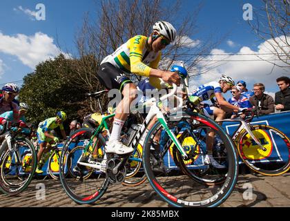 IAM Cyclings Heinrich Haussler in den Goldbands des australischen Straßenrennmeisters sitzt sicher im Bund bei der ersten Besteigung des pamerbergs Stockfoto