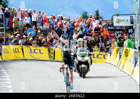 Chris Froome vom Team Sky gewinnt die Etappe und wird Zweiter in der Gesamtwertung am vorletzten Renntag, während des Criterium du Dauphine, MontmŽlian nach Saint-Gervais Mont Blanc Stockfoto