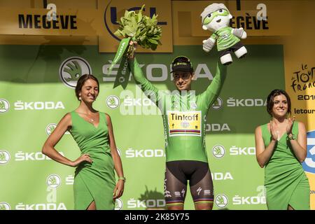 Der Slowake Peter Sagan - Team Tinkoff - behält sein Führertrikot - im Einzelzeitfahren von Salanches nach Megeve in Frankreich Stockfoto