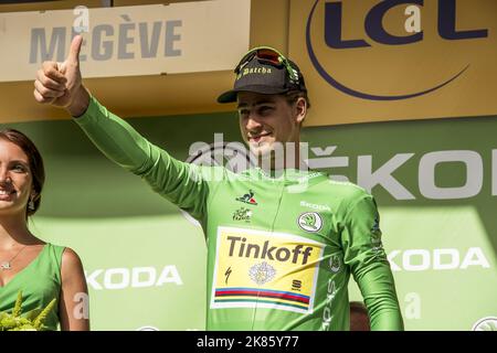 Der Slowake Peter Sagan - Team Tinkoff - behält sein Führertrikot - im Einzelzeitfahren von Salanches nach Megeve in Frankreich Stockfoto