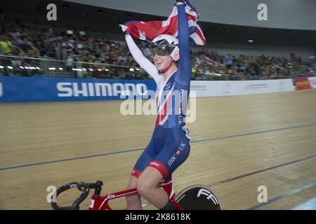 Elinor Barker aus Großbritannien gewann das Punkterennen der Frauen. Hong Kong Velodrome, 16. April 2017 (Foto von Casey B. Gibson) Stockfoto