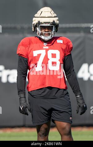 Oktober 2022; Santa Clara, Kalifornien, USA; San Francisco 49ers vor Linebacker Leroy Watson (78) während des Trainings im SAP Performance Center nahe Levi’s Stadium. (Stan Szeto/Image of Sport) Stockfoto