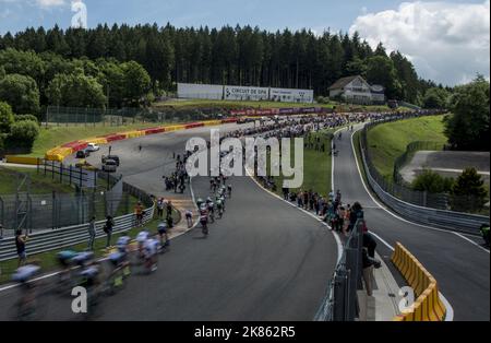 Das Peleton navigiert auf der Rennstrecke von Spa-Francorchamps auf der Rennetappe 3. der Tour de France 2017, Verviers in Belgien bis Longwy in Frankreich Stockfoto