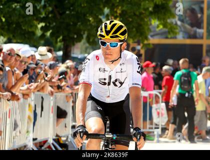 Welshman Geraint Thomas (Sky) rollt während der Etappe 6 der Tour de France auf das Schild in Vesoul zu Stockfoto