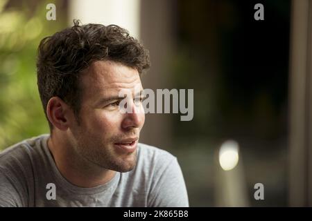 Das britische Mark Cavendish-Team Dimension Data bei einer Pressekonferenz anlässlich des Starts der Tour of Oman 2018, Hormuzgrandhotel, Maskat, Oman. Stockfoto