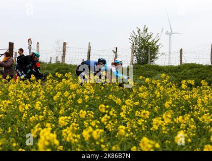 Der Brite Ian Stannard (Team Sky) führt das Hauptfeld am 14. April 2019 über eine Kopfsteinpflasterpartie beim Pariser Roubaix-Rennen 2019 in Paris, Frankreich. Stockfoto