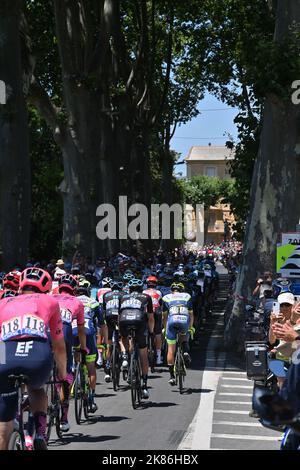 Die Pelotonfahrt durch die malerischen französischen Weinberge in der Etappe 13 der Tour de France, Freitag, 8.. Juli 2021. Bildnachweis sollte lauten: David Stockman/GodingImages Stockfoto