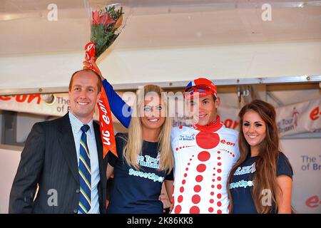 Ben Swift vom britischen Team, auf dem Podium nach der sechsten Etappe der Tour of Britain. Stockfoto