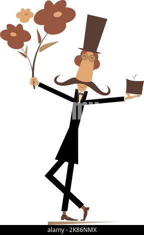 Mann im Zylinderhut mit Blumen und einer anwesenden Illustration. Cartoon-Mann in der Hut mit den Händen nach oben hält Blumen und eine Geschenk-Box. Isoliert Stock Vektor