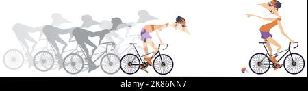 Radrennen. Radfahrer im Wettkampf. Gewinner. Lächelnder Radfahrer blickt lachend zurück und zeigt anderen Radfahrern mit dem Finger. Isoliert auf weißem Hintergrund Stock Vektor