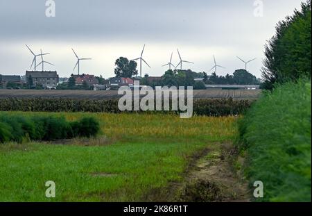 29. August 2022, Brandenburg, Zernikow: Windturbinen sind in der Landschaft hinter Feldern und dem Dorf Wendefeld zu sehen. Brandenburg will den Ausbau der erneuerbaren Energien stärker vorantreiben. Foto: Jens Kalaene/dpa Stockfoto